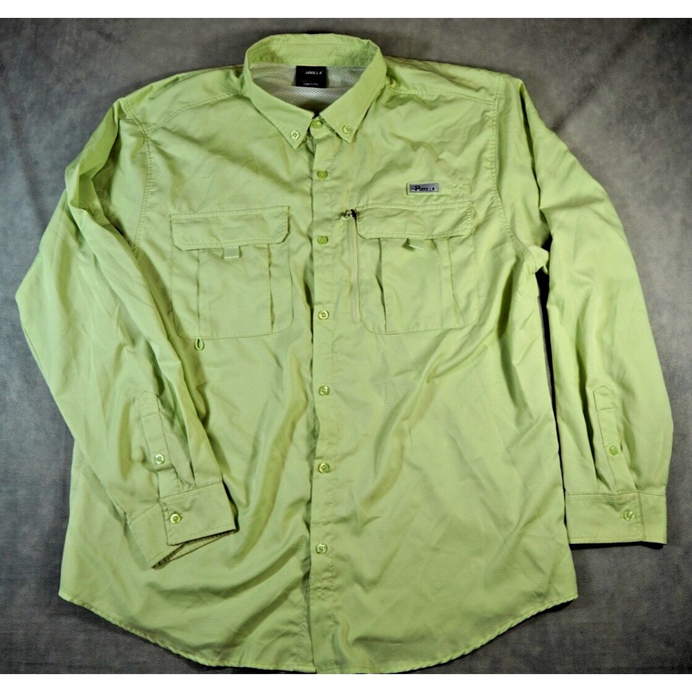Pudolla Men's Fishing Shirt XL Long Sleeve Lime Green Vented Quick Dry Pockets